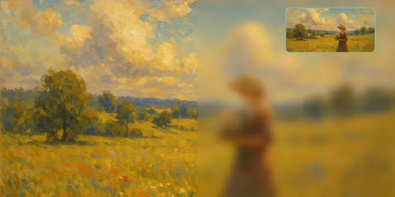 Mostra o efeito original de pintura a óleo e o efeito desfocado